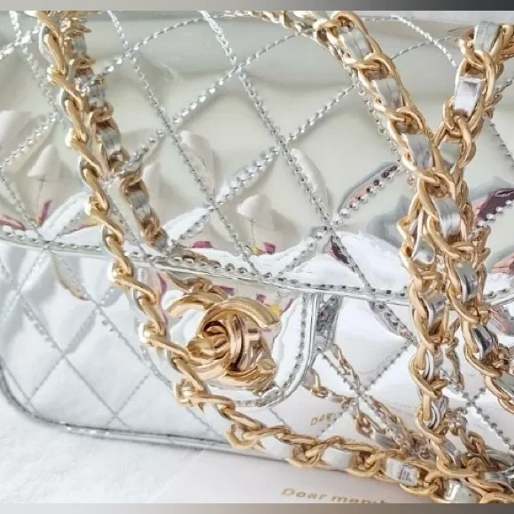 Chanel Makeup Mirror Silver Top Handle Quilted Women's Bag with Gold Hardware - Picture 2 of 6